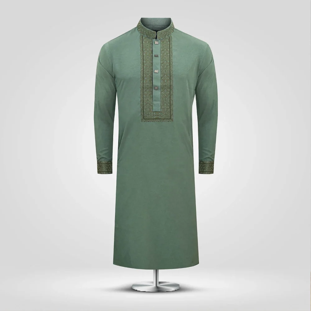 Green Textured And Embroidered Cotton Slim Fit Panjabi