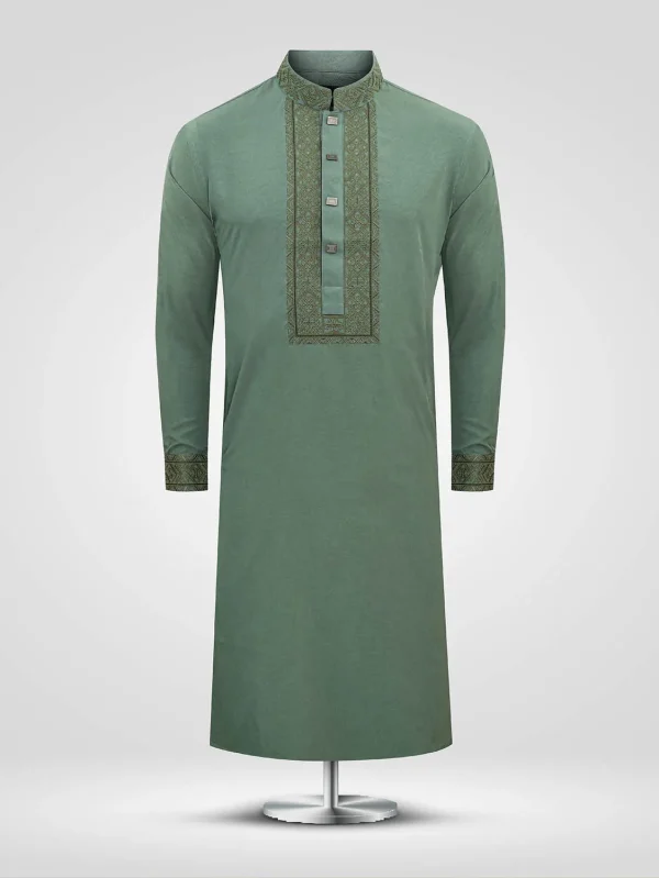 Green Textured And Embroidered Cotton Slim Fit Panjabi