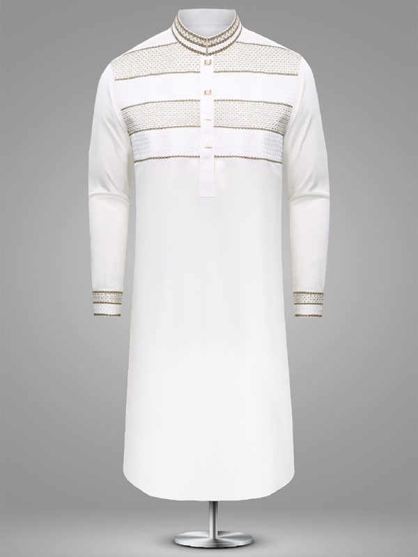 White with Brown Embroidered Panjabi - S