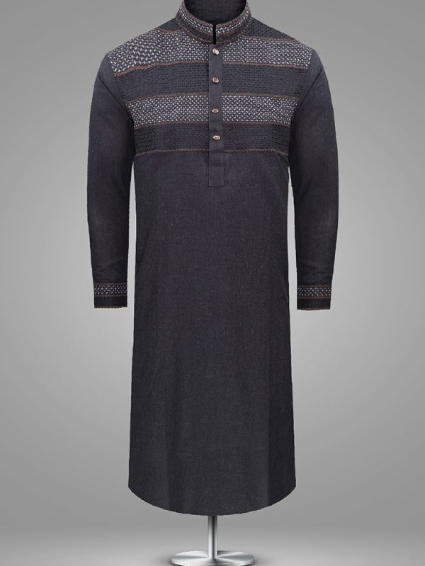 Charcoal Black Embroidered Panjabi - M