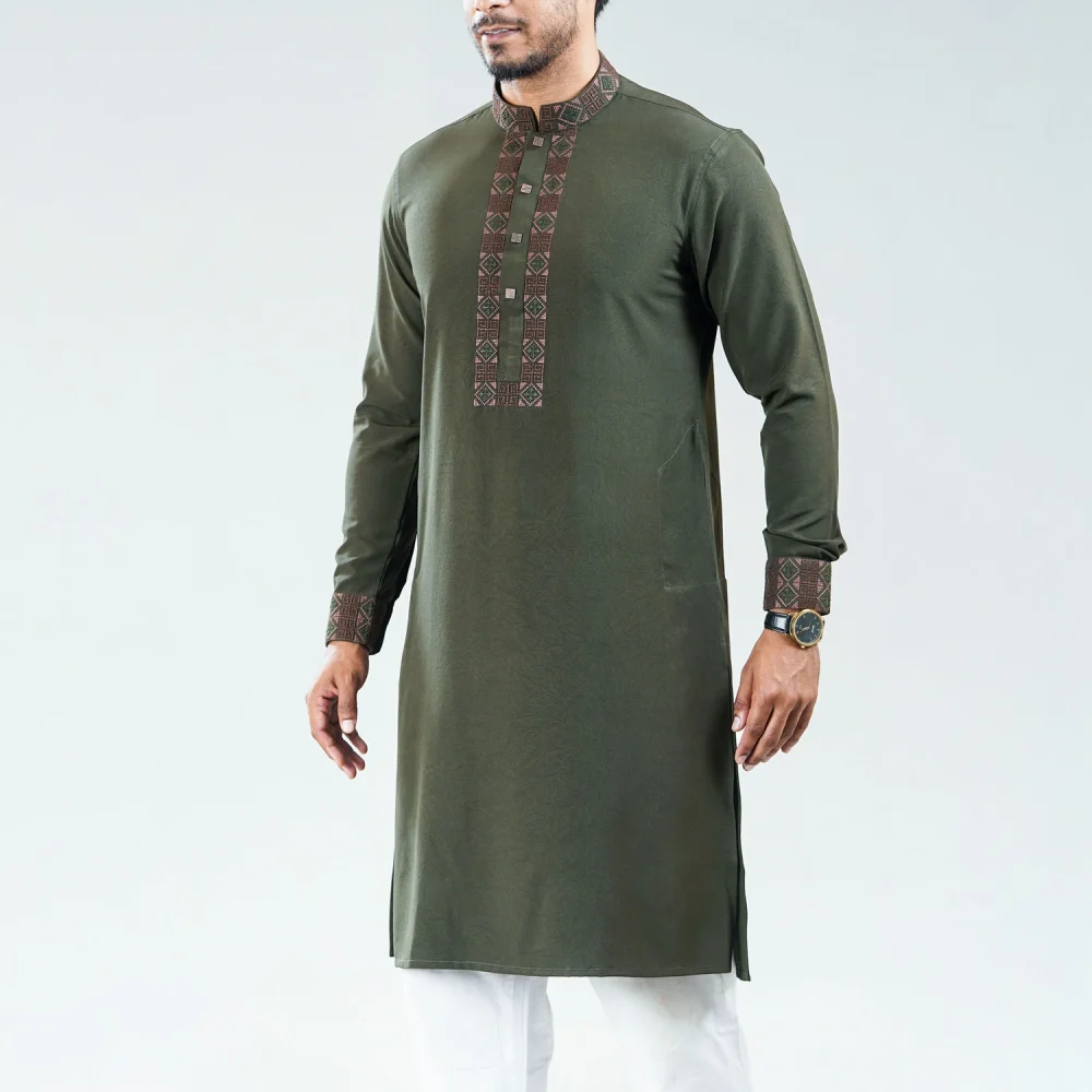 Army Green Embroidered Panjabi - Image 3