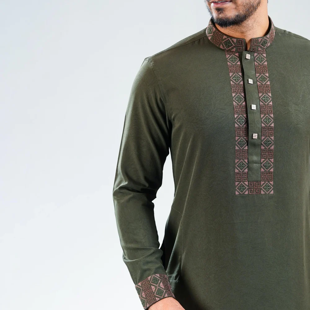 Army Green Embroidered Panjabi - Image 2