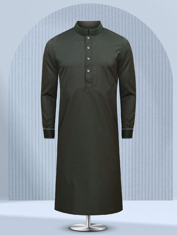 Olive Green Embroidered Panjabi - S