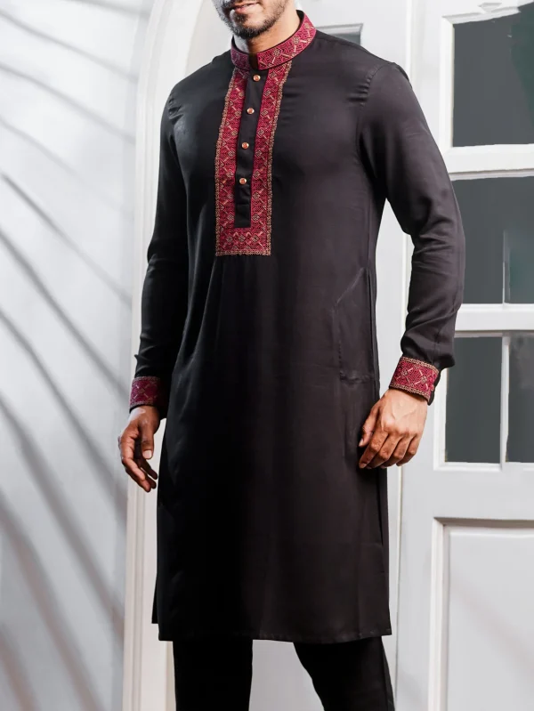 Black Kabli Set with Red Elegant Embroidery - M