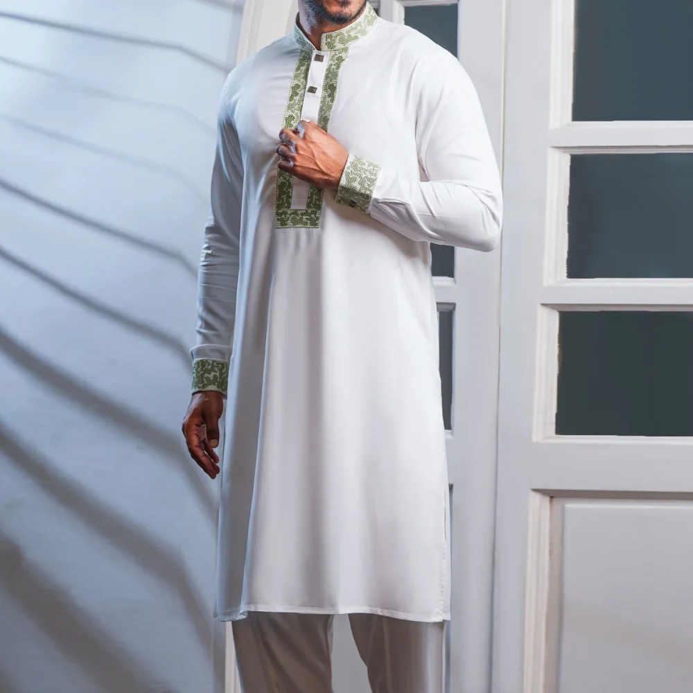 White Kabli Set with Green Elegant Embroidery - Image 3