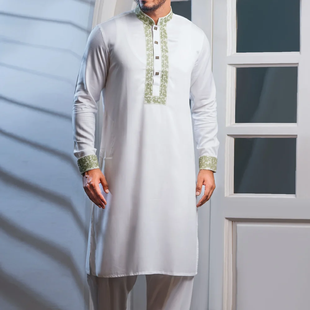White Kabli Set with Green Elegant Embroidery
