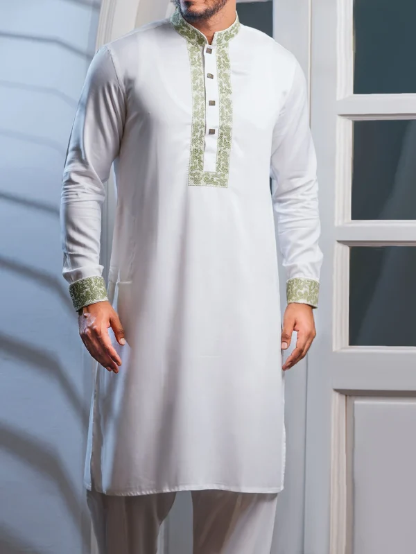 White Kabli Set with Green Elegant Embroidery - M