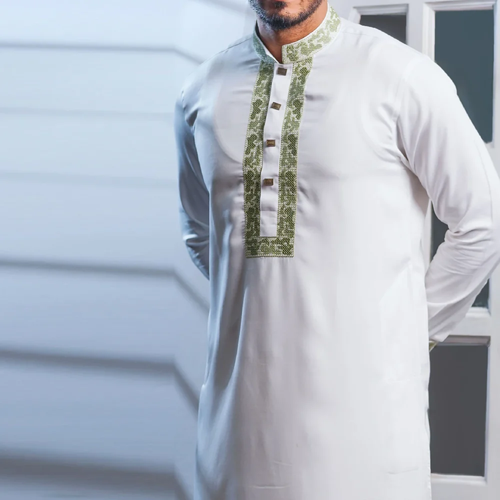 White Kabli Set with Green Elegant Embroidery - Image 2