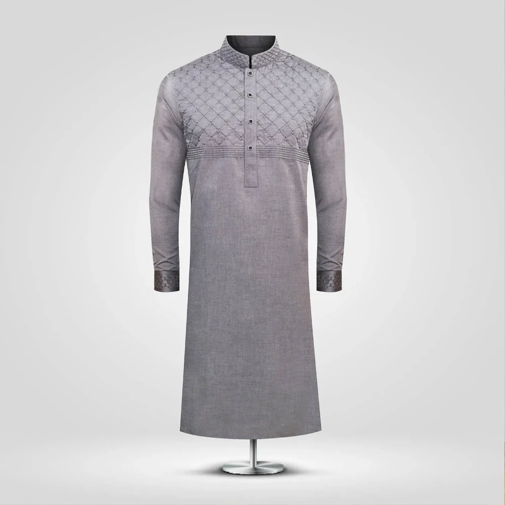 Gray Embroidered Cotton Panjabi