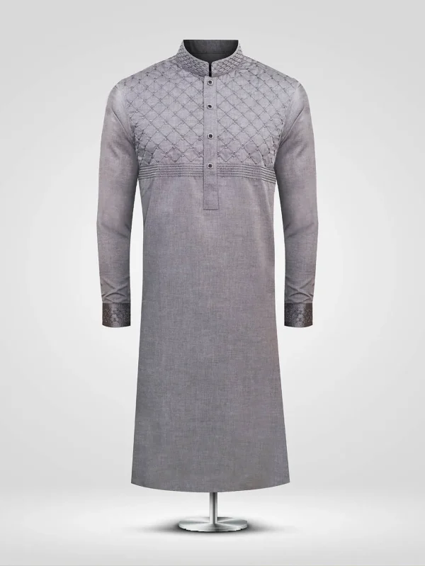 Gray Embroidered Cotton Panjabi