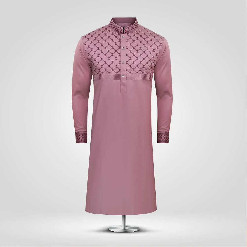 Salmon Pink Embroidered Plain Panjabi