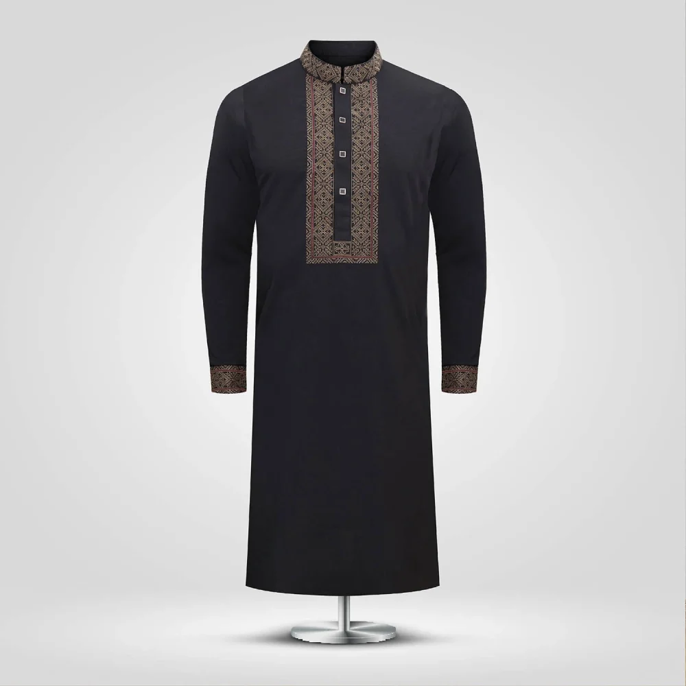 Black Textured & Embroidered Panjabi
