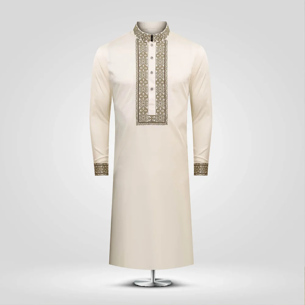 Ivory White Embroidered Plain Panjabi