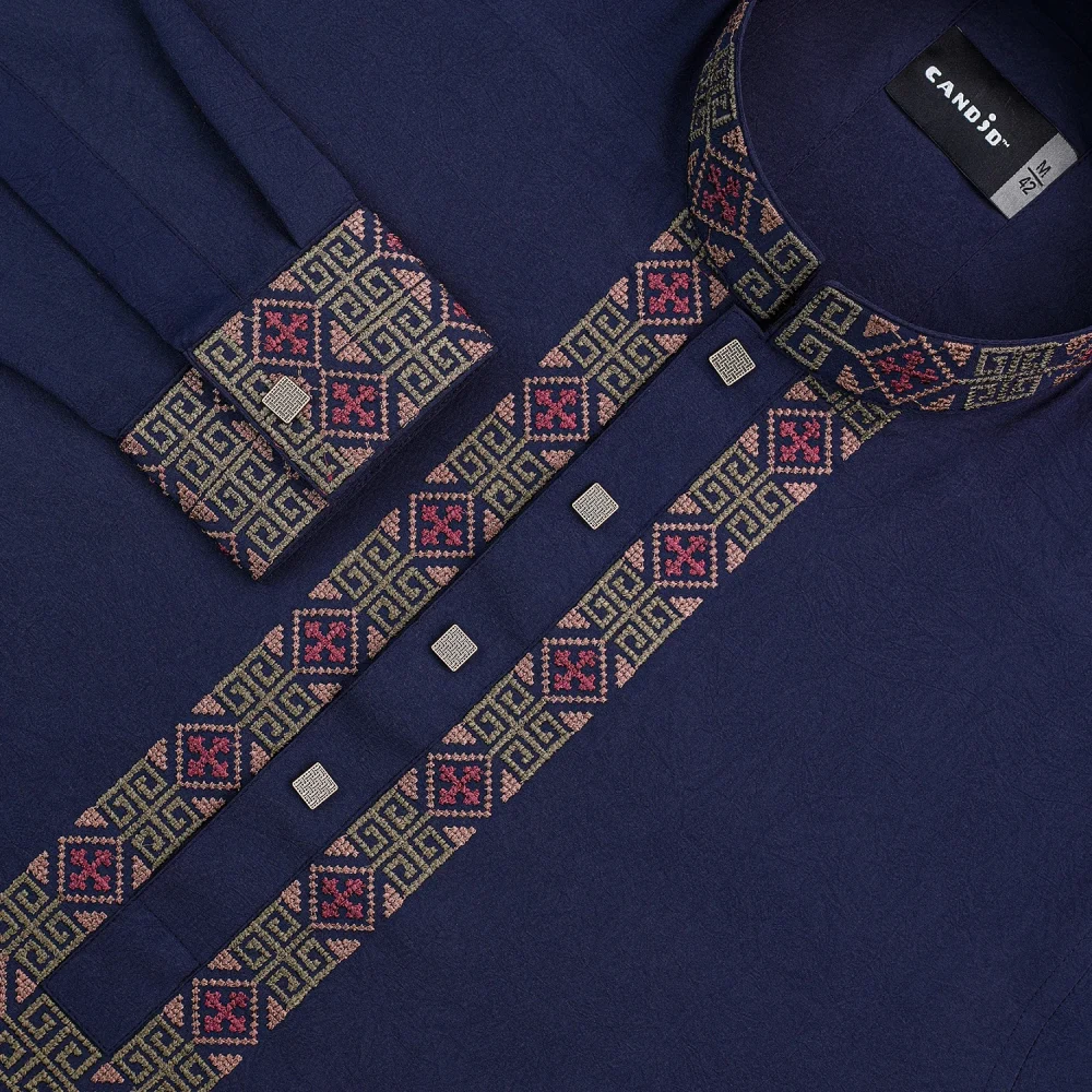 Nevy Blue Textured & Embroidered Panjabi