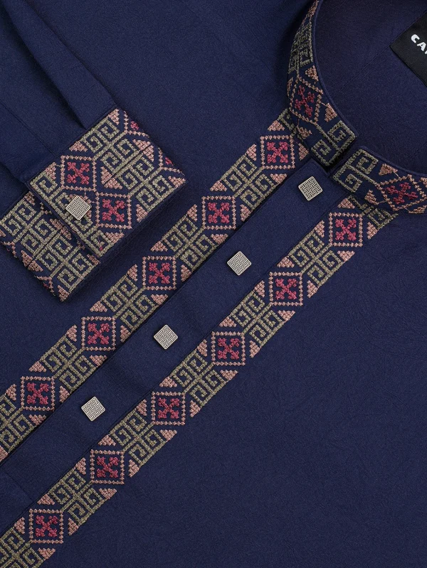 Nevy Blue Textured & Embroidered Panjabi