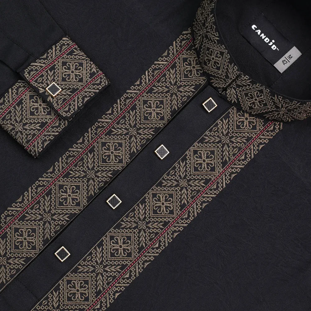 Black Textured & Embroidered Panjabi