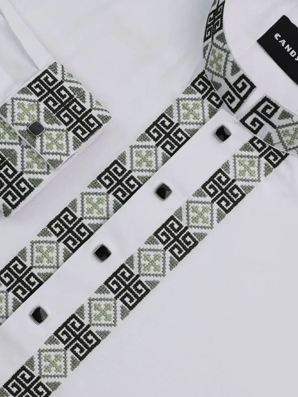 Pearl White Embroidered Plain Panjabi