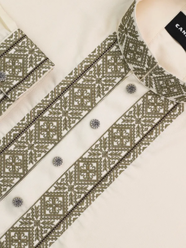 Ivory White Embroidered Plain Panjabi